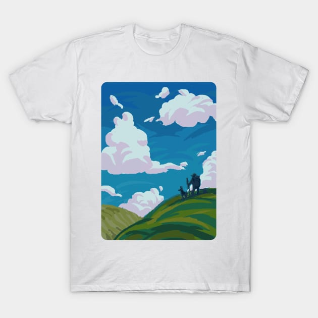 Comfy Hills A Person Travelling with A Dog T-Shirt by banditotees